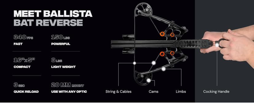 BALLISTA BAT Reverse Draw Compound Mini Crossbow - Crossbow for Hunting, Fishing and Target - Fast 340 fps, Powerful 150lbs, Lightweight 3lbs