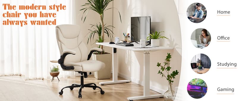 Sweetcrispy Ergonomic Office Chair Heavy Duty Task Desk Chair with Flip-up Arms, PU Leather, Adjustable Swivel Rolling Chair with Wheels, Beige