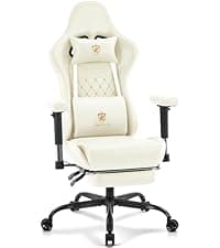 Gaming Chair,Computer Office Chair with Footrest,Massage Lumbar Support and Gel Pad,Ergonomic Reclining Leather Gamer Chair with Headrest,Adjustable Armrests and Spring Cushion Ivory