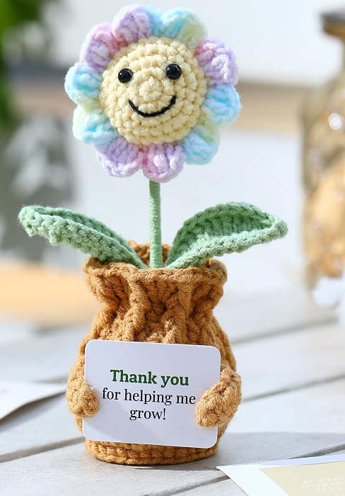 Cute Gifts for Women, Boss Day, Teacher Appreciation, Coworker & Nurse Thank You Gift, Desk Decor, 4.7 In H × 2.4 In W Forget-Me-Not Crochet Flower Potted Plant Gift B0F26ST99P
