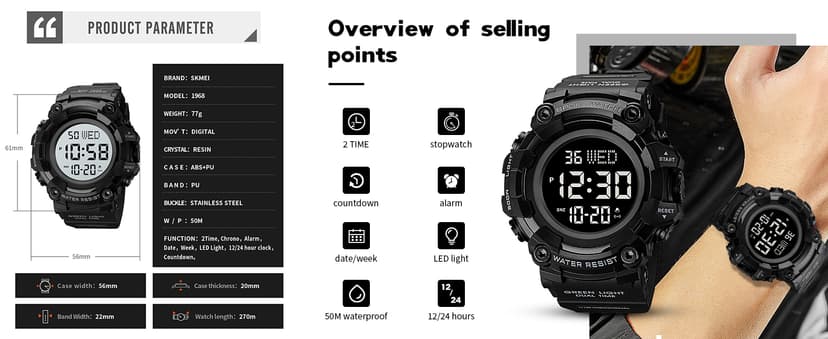 FANMIS Men's Digital 50M Waterproof Electronic Sport Watch Rubber Band Army Military 24H Time LED Light 164FT Water Resistant Calendar Date Day Watches