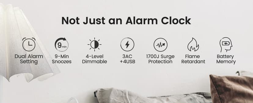 JACKYLED Alarm Clock with 4 USB Chargers Power Strip 3 Outlets 1700J Surge Protector Nightstand Dimmable Digital Clock with Dual Alarm and Snooze Function for Bedroom, Full Screen LED Display