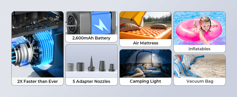 ETENWOLF AIR 3 Air Pump for Inflatables with 2600 mAh Battery & Camping Light, Ultra-Fast and Mini Electric Air Pump, Inflate Deflate for Air Mattress, Pool Floats, Vacuum Storage Bags