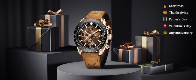 BENYAR Mens Watches Quartz Movement Chronograph Leather Strap Fashion Business Sport Design 30M Waterproof Scratch Resistant Elegant Gifts for Men