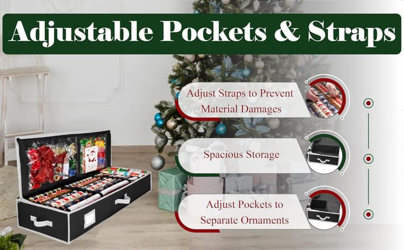 Wrapping Paper Organizer Storage for Christmas Gifts Wrapping Paper (6 Colors) Underbed Storage Container with Interior Pockets, Fits 24 Rolls