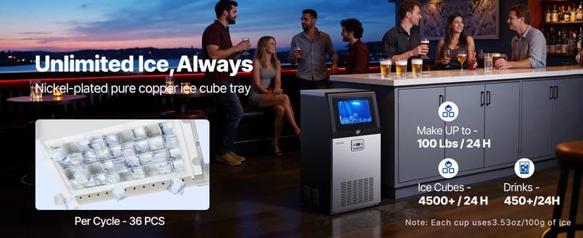 VEVOR Commercial Ice Maker Machine, 100 lbs/24h with 30 lbs Storage Capacity, Built-in/Freestanding/Under Counter, Stainless Steel Ice Maker with LED Display & Self-Cleaning, for Home Bar Restaurant