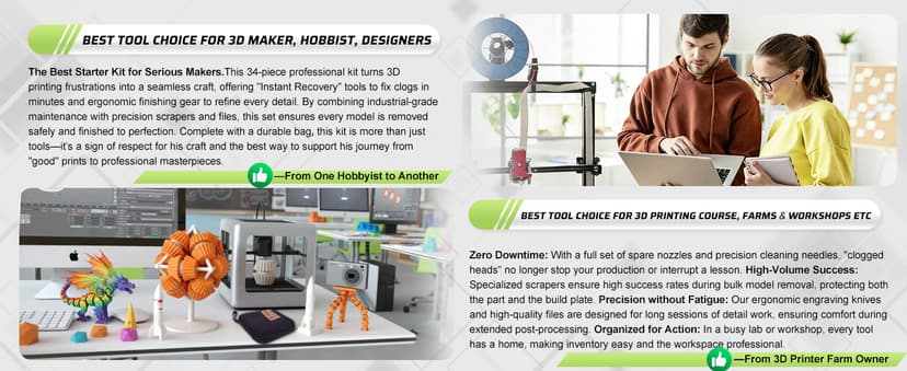 3D Printer Tools Kit, 34pcs 3D Printer Accessories for All FDM/SLA Printers Includes Nozzle Cleaning, Removal Scrapers, Finishing Tools, 5 Types of Files,Brushes, Wire Cutter, Engraving Knife