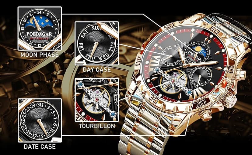 FORSINING Mechanical Men's Watch, Moon Phase Tourbillon Automatic Self-Wind Wristwatch, Luxury Stainless Steel Band 43mm Big Dial Mens Wrist Watch with 3 Sub Dial