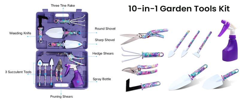 Garden Tools Set, JUMPHIGH 10 Pieces Gardening Tools with Floral Print, Ergonomic Handle Trowel Rake Weeder Pruner Shears Sprayer, Garden Hand Tools with Carrying Case Gardening Gifts for Women Father