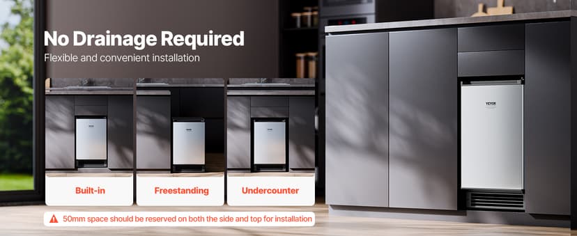 VEVOR Undercounter Built-in Ice Maker, 15 Lbs/Day Under Counter Ice Maker Machine with Reversible Door Stainless Steel, Freestanding Ice Maker for Commercial Home Kitchen, No Drain Required