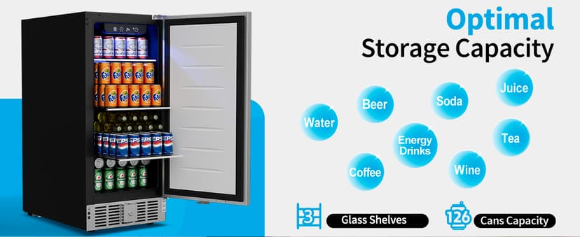 Feelfunn 15 Inch Undercounter Beverage Refrigerator - 126 Cans Beverage Fridge with Stainless Steel Door for Beer Wine Soda - Built-in or Freestanding Wine Cooler for Home Kitchen Bar