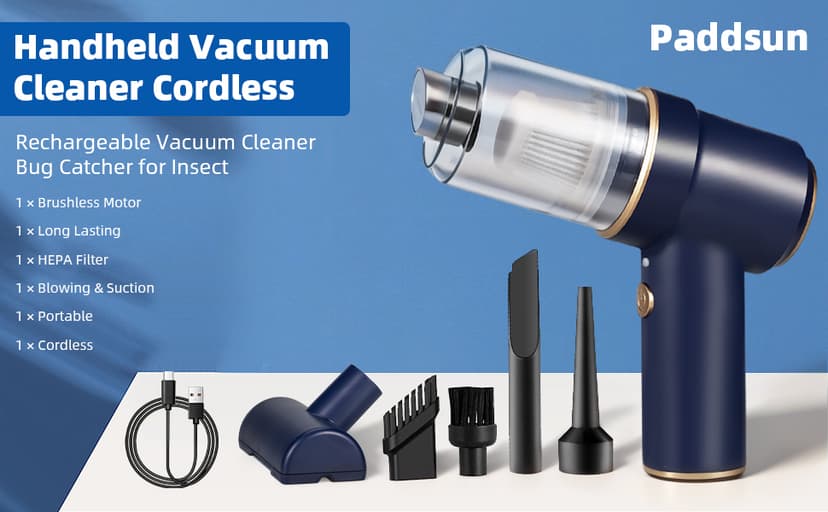 Bug Vacuum with Long Nozzle: 5 in 1 Handheld Cordless Car Vacuum Cleaner for Adults Car Home Office Garden, Rechargeable Strong Suction Insect Catcher for Spider Moth,Stink Bug (Blue)