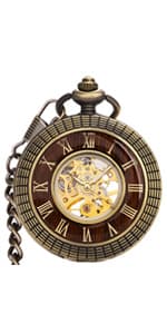 VIGOROSO Men's Vintage Full Copper Hand-Wind Mechanical Second&24hours Sub-dials Pocket Watch in Box
