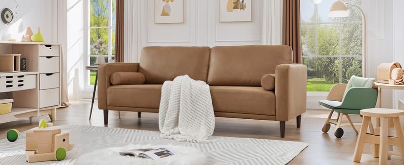 HIFIT Sofa Couches, 79” Mid-Century Modern Couch, Breathable Faux Leather Couch with Upholstered Cushions/Pillows, 3-Seat Sofas & Couches, for Living Room Apartment Office, Brown