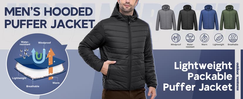Outdoor Ventures Men's Lightweight Packable Hooded Puffer Jacket Insulated Winter Coat for Snow Ski Traveling
