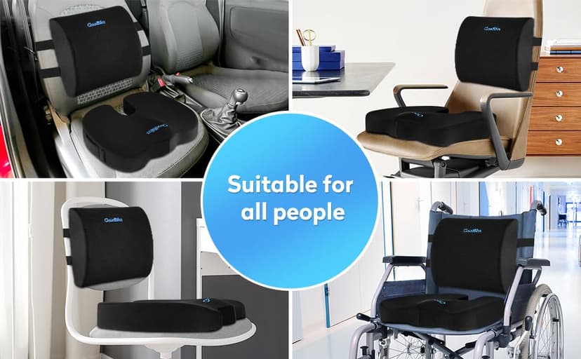 CloudBliss Lumbar Support Pillow & Seat Cushion Set for Office Chair, Desk Chair, Wheelchair & Car – Memory Foam Back Support, Ergonomic Chair Cushions, Sciatica Pain Relief, Home Essentials, Black