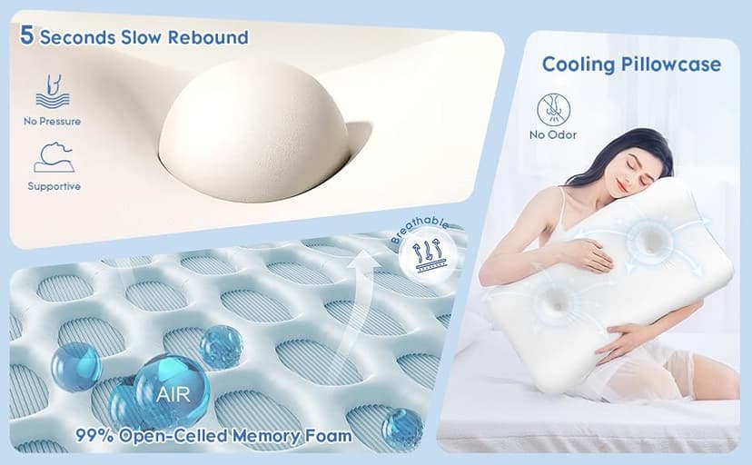 Cervical Pillow for Neck Pain Relief - Contour Pillow Memory Foam Pillows for Sleeping, Double Ear Relief Zones Neck Pillow, 6CM Enhanced Neck Support Cooling Bed Pillow for All Sleep Positions