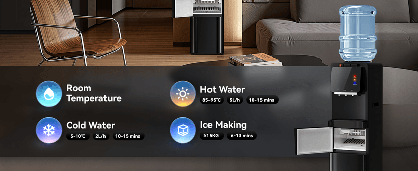 Tehanld Water Dispenser with Ice Maker, 4-in-1 Top Loading Water Cooler with Hot, Cold & Room Temp Water, 35lbs/Day Fast Ice Making, Child Safety Lock, Fits 2-5 Gallon Bottles for Home & Office