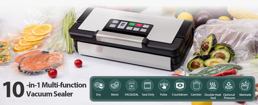 95kPa Vacuum Sealer Machine with AquaLock Technology, for Moist Seals, 2X Seal & 130W, Fully Automatic Food Sealer, Built-In Cutter, Bag Storage & Hose, Precision Sealing, 2 Bag Rolls,Stainless Steel