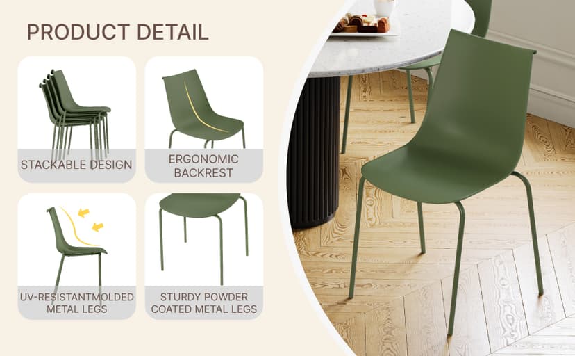 KISLOT Dining Chairs Set of 4, Plastic Outdoor Dining Room Chairs with Metal Legs, PP Anti-UV Stackable Patio Chairs with Ergonomic Back & Curved Seat for Kitchen Swimming Pool, Easy Assembly, Green