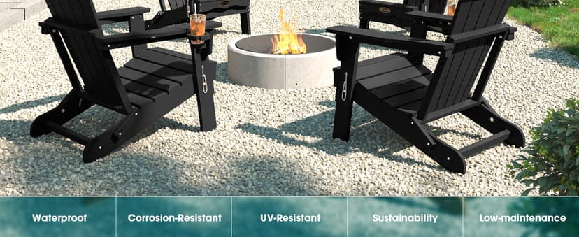THOEOE Folding Adirondack Chair,HDPE All-Weather Outdoor Chair with Cup Holder,Wooden Textured,Fire Pit Chair,Plastic Patio Chair for Deck,Backyard,Garden,Lawn, Black