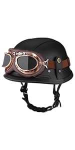 Yesmotor Motorcycle Half Helmet Retro German Handmade Leather Half Face Quick Release Buckle & Goggles - DOT Approved (Dark Brown, L)