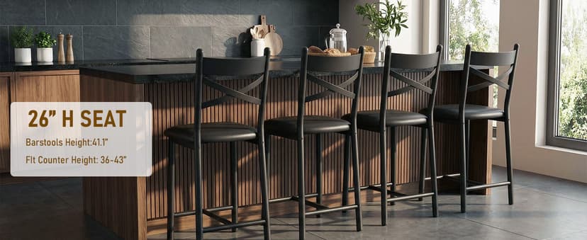 22" Bar Stools Set of 4, Counter Height Bar Stools with PU Upholstered Seat, Metal Frame Kitchen Bar Chairs with X-Design Back and Footrest for Kitchen Island, Counter Bar, Dining Room, Black