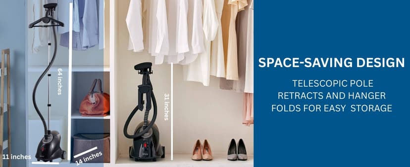 SALAV GS18-DJ Standing Garment Steamer with Roll Wheels for Easy Movement, 1.8L Water Tank for 1 Hour Continuous Steaming, Adjustable Pole for Storage, Includes Descaler Packet, 1500 watts