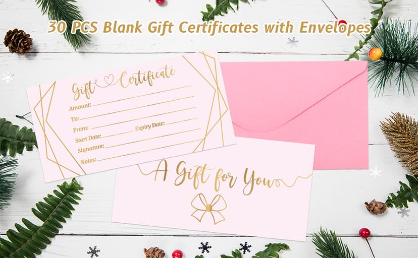ceiba tree Pink Blank Gift Certificates for Business 30 Pcs Gold Foil Certificate Cards with Envelopes for Salon Restaurants Spa Birthday B0B492G8QQ