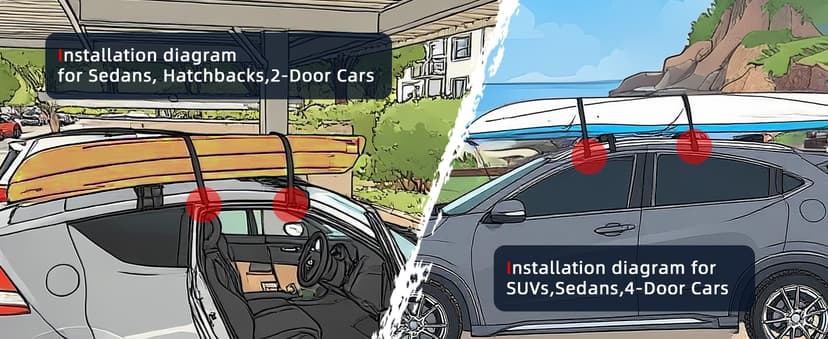 Abahub Soft Roof Rack Pads with 2 Tie Down Straps, 2 Tie Down Ropes, 2 Hood Loops and Storage Bag, for Surfboard, Kayak, Canoe, Heavy Duty Universal Car Roof Racks System