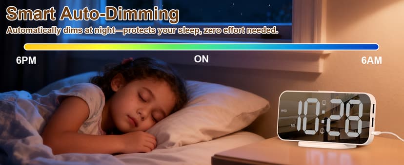 ALANAS Slim Digital Alarm Clock, Big Mirror Display with Dual USB Charger Ports, Dual Alarms, Snooze, 4-Level Adjustable Dimmer,for Bedroom, Office, Desk, Dorm, College Students, Home Decor,Gift