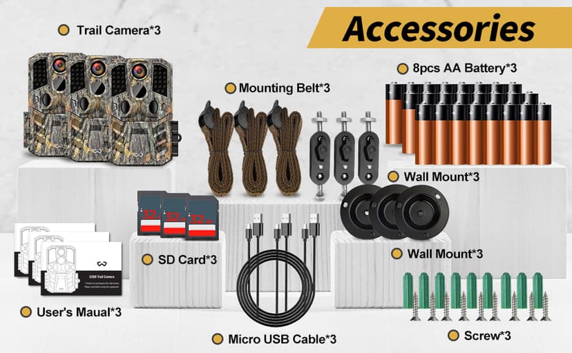 Trail Camera 3 Pack 36MP 1920P HD Game Camera with SD Cards, 0.2s Trigger Time Infrared Night Vision Motion Activated, IP66 Waterproof 2.0''LCD Wildlife Camera for Monitoring