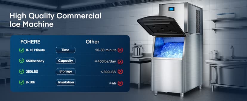 Commercial Ice Maker Machine 500LBS/24H, 350LBS Stainless Steel Storage Bin, 182 Ice Cubes in 10-15min, Self-Cleaning, Air Cooled Ice Machine with LCD Touchscreen for Bar Business Cafe (500 lbs)