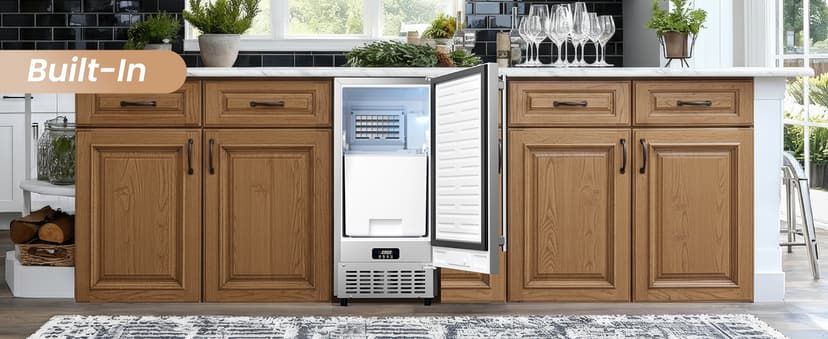 15” Under Counter Ice Maker Machine, 130 Lbs/Day with 30 LBS Storage Bin, Built-in Freestanding Stainless Steel Ice Maker with Auto-Cleaning, Smart LCD Panel, for Commercial & Home Outdoor Use