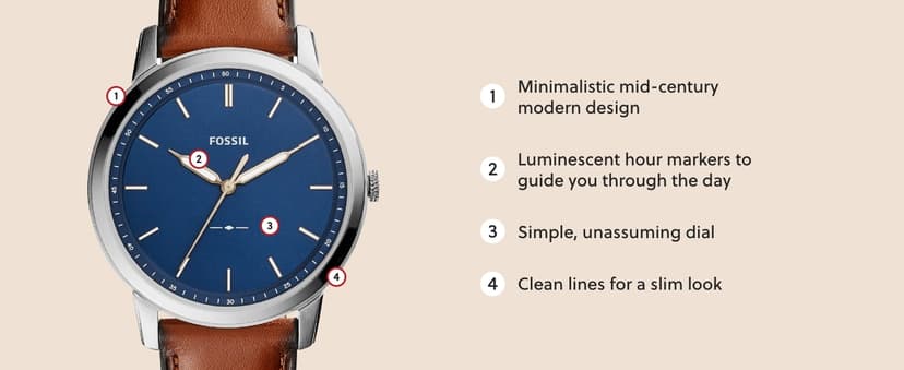 Fossil Men's Minimalist Quartz Stainless Steel and Leather Three-Hand Watch