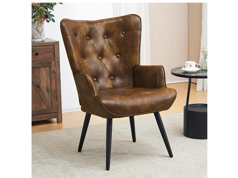Furniliving PU Leather Accent Chair for Living Room, Upholstered Reading Chair with High Backrest, Tufted-Button Wingback Armchair for Bedroom, Dressing Room, Home Office, Brown