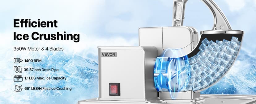 VEVOR Commercial Ice Crusher 661LBS/H, 350W Electric Snow Cone Machine with 4 Blades, 2000RPM Stainless Steel Shaved Ice Machine with 11 Gal Crushed-Ice Box, for Family Restaurants Bars, Silver