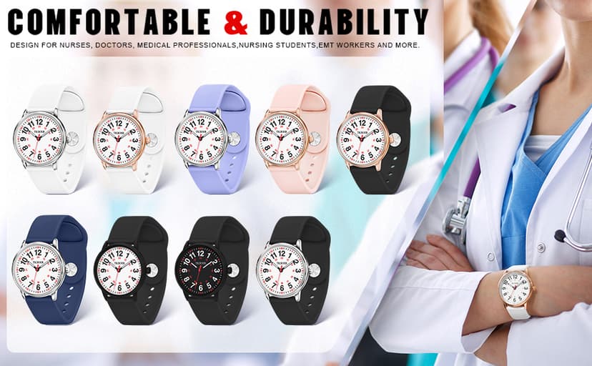 TKIIOER Nurse Watch for Nurse Medical Professionals Students Women Men, 50M Waterproof 12/24 Hour Military Time Luminous Easy Read Dial, Second Hand Watch for Nursing