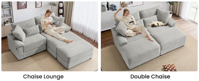 SUNWAVE 74" W Double Chaise Lounge Chair Indoor, Oversized Loveseat with Storage Ottoman, Corduroy Couch with USB Charging, Removable Ottoman, and Coffee Table Cushions for Living Room Bedroom
