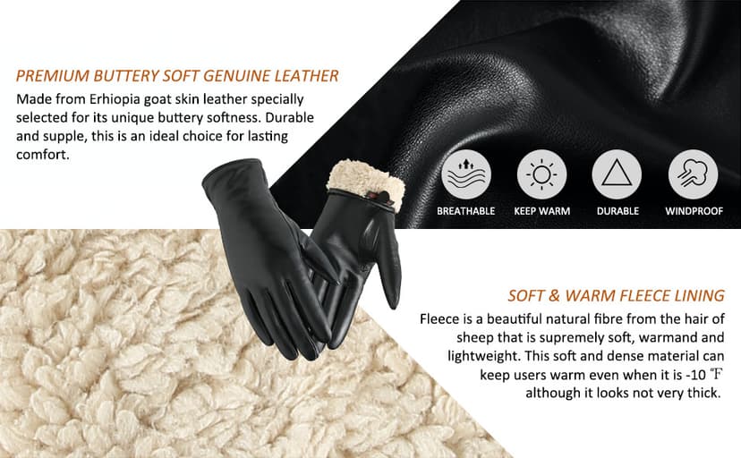 FEIQIAOSH Winter Leather Gloves for Women, Premium Sheepskin Warm Gloves for Cold Weather, Fleece Lining Touch Screen Glove