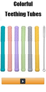 Hollow Teething Tubes Toys for Babies Girls Boys, 6 Pack Silicone Baby Teether Toy Tube for Infants with Nursing Biting Chewing, Chew Straws for Toddlers 6-12 Months (Style A)