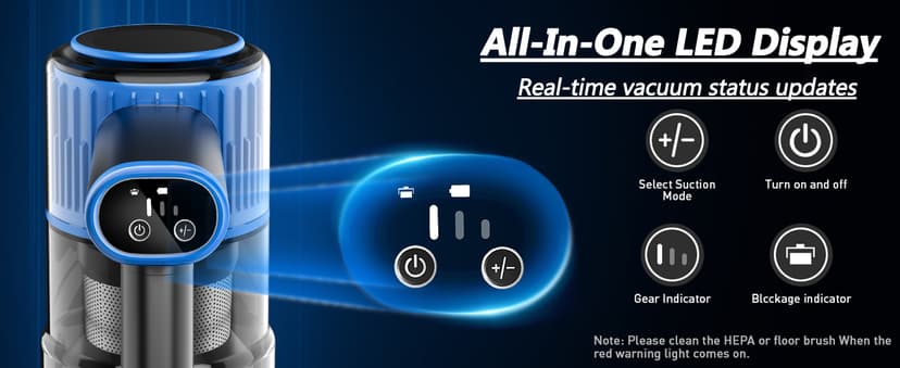 Cordless Vacuum Cleaner, 8 in 1 Powerful Suction Lightweight Vacuum Cleaner for Home, LED Display, 3 Suction Modes, 45Mins Detachable Battery Vacuum for Hard Floor Carpet Pet Hair