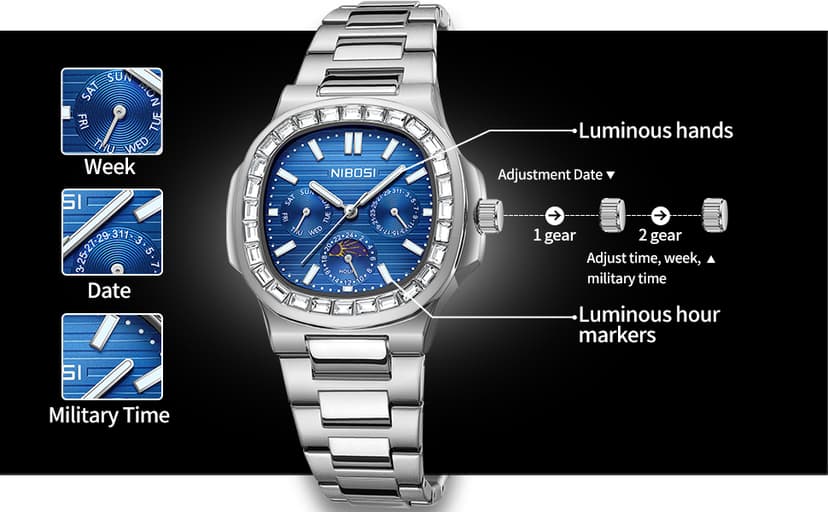 NIBOSI Men's Watches - Analog Quartz Chronograph Watch for Men, Waterproof Luxury Diamond Luminous Dial Business Dress Watch for Anniversary Graduation and Birthday Gifts