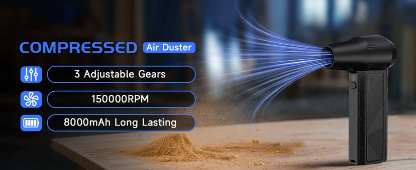 Compressed Air Duster, 150000RPM Super Power Cordless Electric Air Duster, Fast Charging Rechargeable Air Blower Vacuum Cleaner 3-Gear Adjustable for Computer, Keyboard, Car, Outdoor and Home