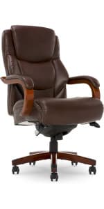 La-Z-Boy Delano Big and Tall Executive Office Chair - Ergonomic Lumbar Support Memory Foam - Bonded Leather Desk Chair for Home Office - Mahogany Wood Arms - Chestnut Brown