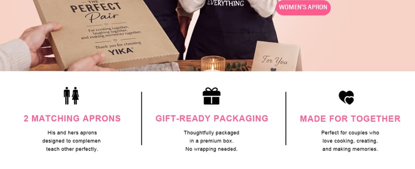 YIKA® Apron Couples, Christmas Gifts for Couples: Waterproof Aprons for Women Men, with Adjustable Neck Strap with Extra Long Ties, 2 Pockets (Black)
