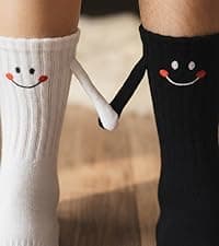 Soft cotton blend, funny 3D holding hands design. Perfect novelty matching socks gift for couples, lovers, and friends. Magnetic Holding Hands Socks for Couples, Cute Novelty Crew Socks B0DJR45VXM