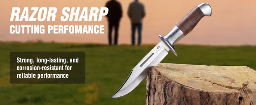 Mossy Oak Fixed Blade Bowie Knife, 2-piece Hunting Knife with Leather Handle Featuring Laser Pattern, Sheath Included