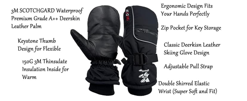 SKYDEER Waterproof Premium Deerskin Leather Ski Mittens with 150G 3M Thinsulate, Ultra Soft & Durable & Warm (SD8650M)
