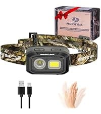 Mossy Oak 600 Lumens Rechargeable Headlamp, Lightweight LED Headlight with White & Red Light, Waterproof Head Lamp with Non-Slip Band, Dimmable & Memory Function for Hunting, Camping, Power Outage